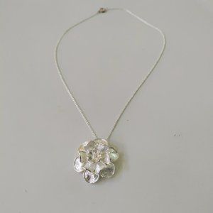 4/$20 Silver Tone 3D Flower Pendant Necklace 18" Etched Sparkly